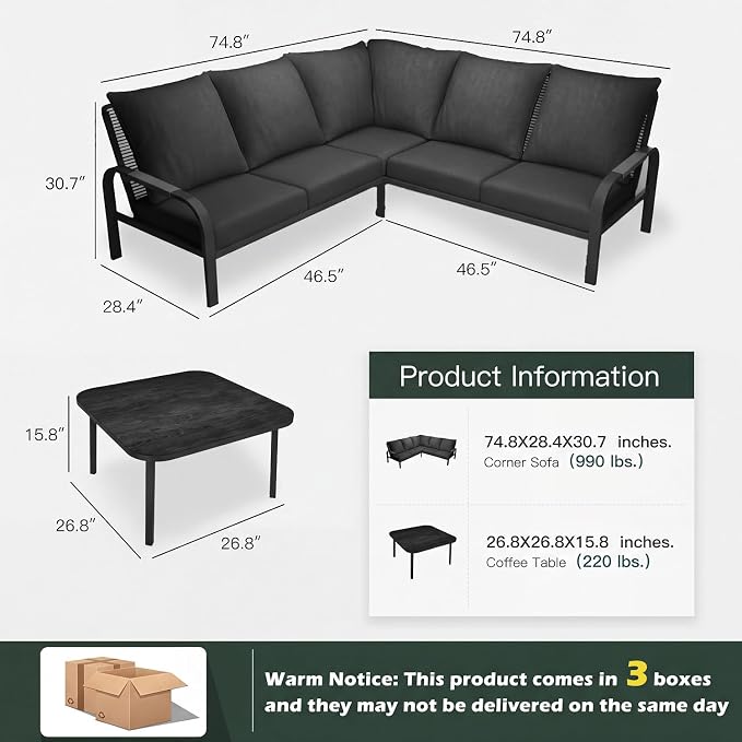 Aluminum Patio Furniture Set with Coffee Table, L-Shaped Patio Sectional Couch with Rattan Backrest for Garden, Balcony, Terrace, Gray