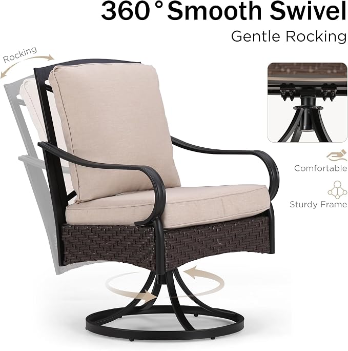 PHI VILLA Swivel Patio Dining Chairs Wicker Chairs Set of 4 with Cushions | Heavy Duty Outdoor Metal Wicker Dining Chair with Padded Cushions, Large All Weather Wrought Iron Patio Chair for Balcony