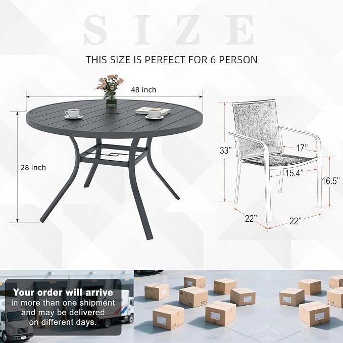 Anmutig 7-Piece Outdoor Dining Set, 48'' Round Table with 6 Stackable Chairs All Weather Furniture Set - Black