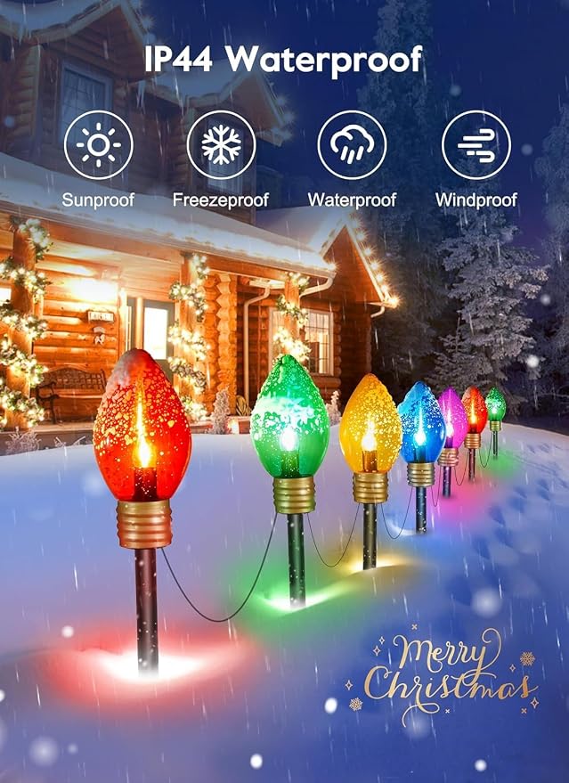Jumbo C9 Christmas Pathway Lights Outdoor,2Pack Total 17FT C9 Walkway Light | 10 LED Multicolor Bulb Holiday Pathway Light with Marker Stake, Connectable Christmas Lights Outdoor Decoration for Lawn Yard