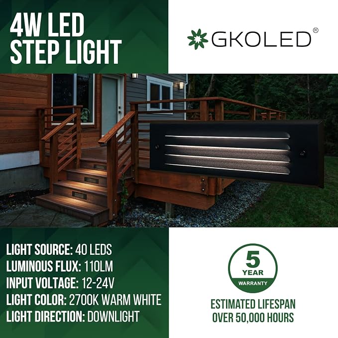 Low Voltage LED Step Lights, 4W 12V Surface Mount Light with Horizontal Louvered Faceplate, Steps Decks Pathway Stairs, 2700K IP65, Die-cast Aluminum, Black Powder Coated Finish, 2 Pack