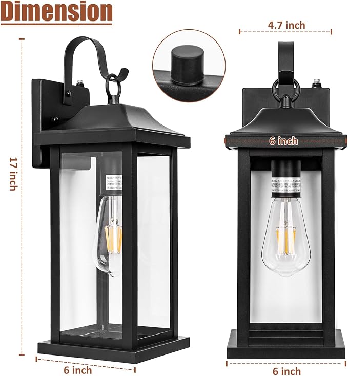 Dusk to Dawn Outdoor Lighting Wall Mounted 17 Inch Black | 2 Pack Exterior Light Fixtures Photocell Sensor, Porch Lights Waterproof, Outside Wall Sconces Garage Coach Lamps, ETL List