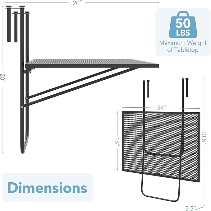 Giantex Balcony Table, Folding Outdoor Side Table for Railings Up to 2.4" Thick, Space-Saving Railing Serving Table with Metal Frame, Foldable Bar Table for Patio, Porch, Deck (24”x20”x20”)