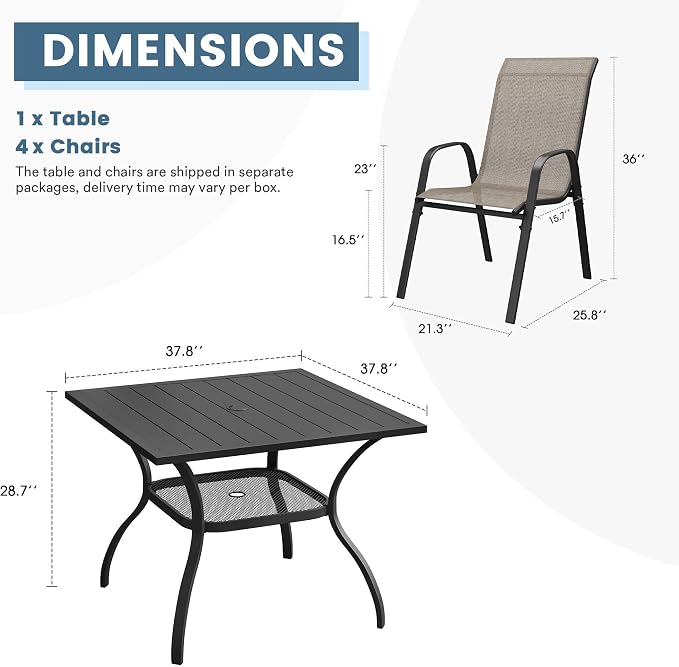DIFY 5 Piece Outdoor Dining Set, 38" Black Square Metal Patio Table and Brown Textilene Stackable Chairs for 4, All Weather Patio Furniture Set with Umbrella Hole for Backyard Garden Deck
