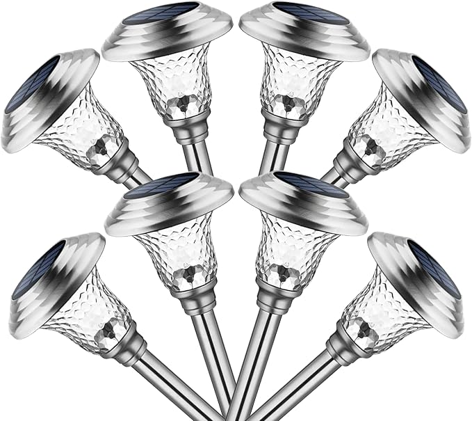GIGALUMI Metal & Glass Solar Lights Outdoor, 8 Pack LED Garden Lights | Solar Pathway Lights Waterproof, Warm White Landscape Path Lights, Garden Decor for Yard, Patio, Walkway (Stainless Steel)