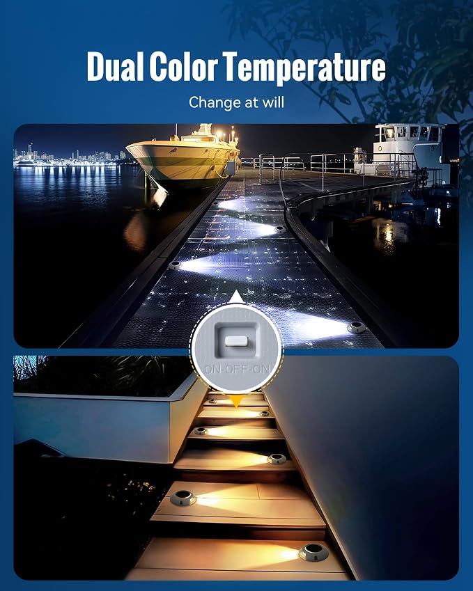 Solar Driveway Lights Outdoor Waterproof, 2 Color Modes Deck Lights | Outdoor Solar Deck Dock Warning Step Lights for Driveway Marker Sidewalk Garden Pathway Yard (4 Pack)