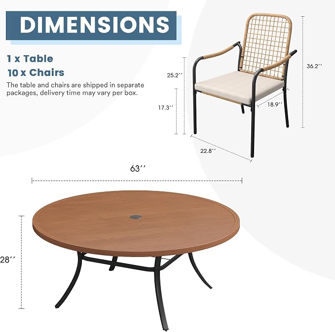 DIFY 11 Pieces Outdoor Dining Set for 10, 63" Round Dining Table with Umbrella Hole & Wicker Stackable Patio Chairs with Cushions, Metal Patio Table and Chairs Set for Backyard Porch Garden, Walnut