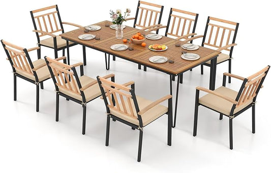 Tangkula 9 Piece Patio Dining Set, Outdoor Dining Furniture Set w/Rectangular Acacia Wood Dining Table & 8 Cushioned Chairs, Metal Frame Dining Set w/Umbrella Hole for Yard, Porch, Garden, Deck
