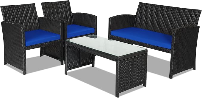 DORTALA 4 Pieces Patio Wicker Conversation Furniture Set, Outdoor Rattan Sofas with Bistro Sets with Coffee Table for Courtyard Balcony Wicker Chairs with Soft Cushion and Table, Navy