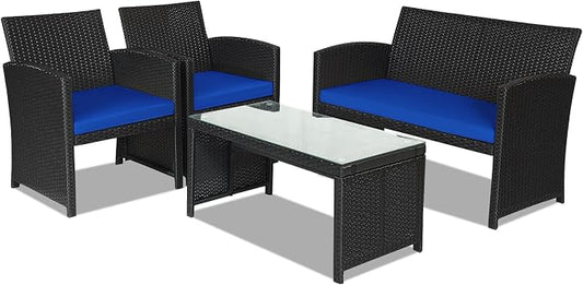DORTALA 4 Pieces Patio Wicker Conversation Furniture Set, Outdoor Rattan Sofas with Bistro Sets with Coffee Table for Courtyard Balcony Wicker Chairs with Soft Cushion and Table, Navy