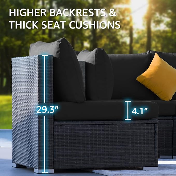 NICESOUL 13 Piece Outdoor Seating with Fire Pit Table, High-End Wicker Patio Furniture Set with Chaise Lounge, Comfy 29.3'' High Back Deep Sectional Sofa, All-Weather Backyard Sitting, Grey & Black