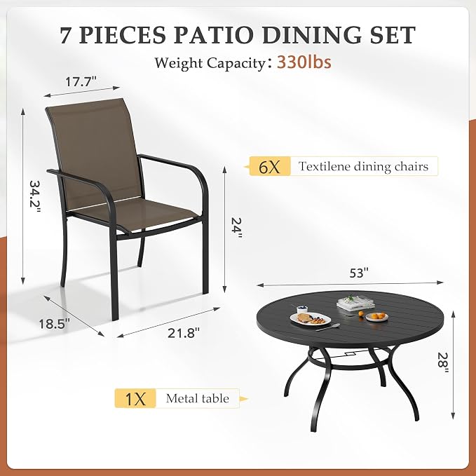 Incbruce 7 PCS Patio Dining Set, Outdoor Dining Set of 6 Textilene Chairs and 53" Round Table with Umbrella Hole for Backyard, Garden, and Poolside (Brown)