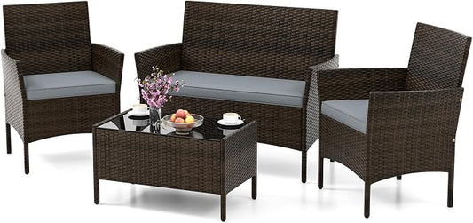 HAPPYGRILL 4 Pieces Outdoor Rattan Conversation Set, Patio Wicker Furniture Set with Loveseat Chairs & Tempered Glass Coffee Table, Outside Sectional Sofa Set for Backyard Garden Poolside