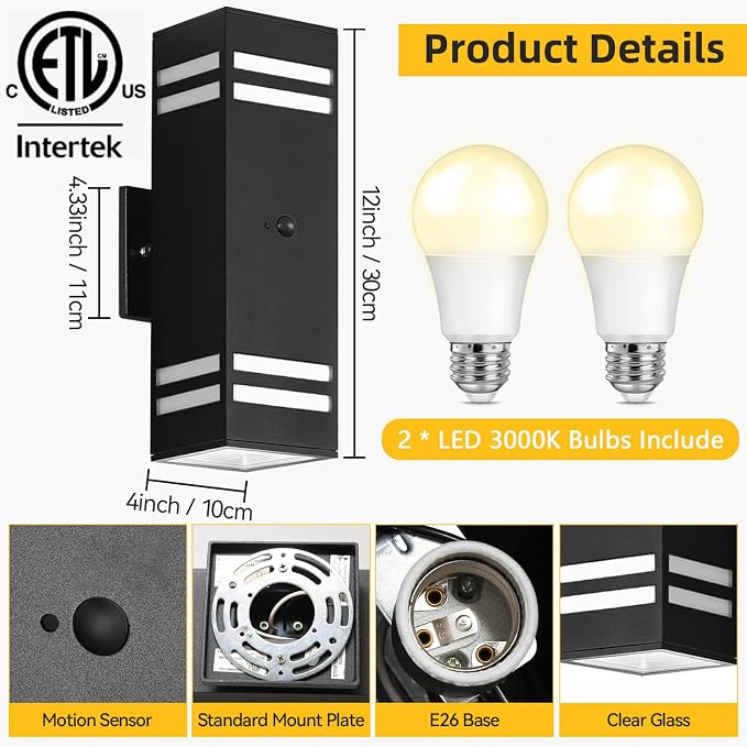 SHIMR Motion Sensor Outdoor Wall Lights, Up and Down Sconce, ETL Listed | Dusk to Dawn Outdoor Lighting, Up and Down, Black Aluminum Exterior Light Fixture for Porch Garage Patio, LED Bulbs Included