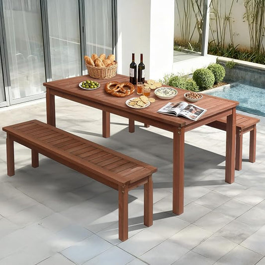 VINGLI 3-Piece Outdoor Dining Set, 69" Rectangular Wood Patio Table with 2 Benches, All-Weather Brown Fir Patio Furniture Set for Garden, Backyard, Lawn, Deck