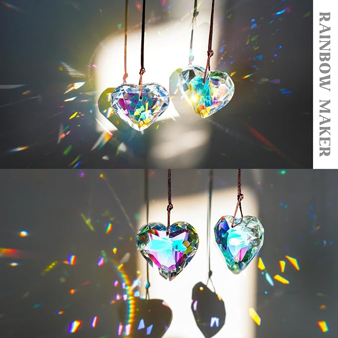 2 Pcs 50mm AB Heart Crystal Prism Rainbow Suncatcher Window Decor | AB Color Heart Crystal Prism Suncatcher Pendants Rainbow Chandelier with Rope for Window Garden Home Wedding Decor