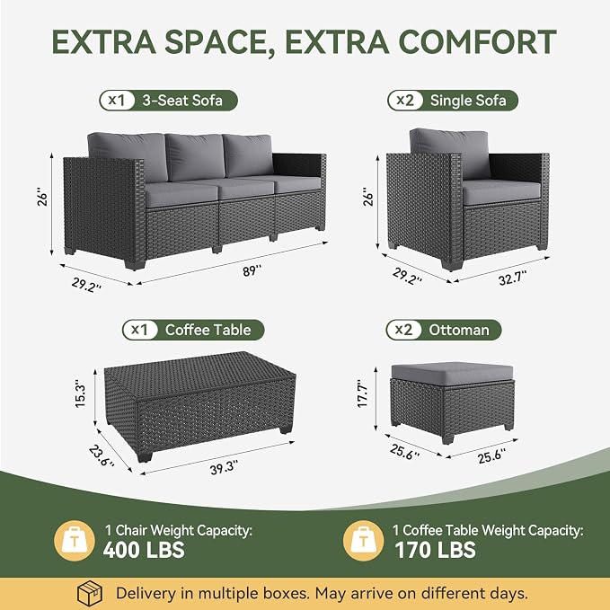 Aoxun 8 Piece Outdoor Patio Furniture Set 7 Seats, Outdoor Sectional with Waterproof Cushions, Patio Conversation Sets for Garden,Backyard, Deck, Porch, Black & Grey