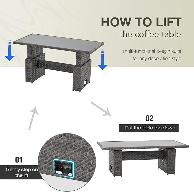 SUNSITT Outdoor Patio Lift Dining Table, Rectangle Patio Coffee Table with Glass Tabletop, Wicker Furniture Multi-Function Dining Table for Backyard, Deck, Garden, Grey