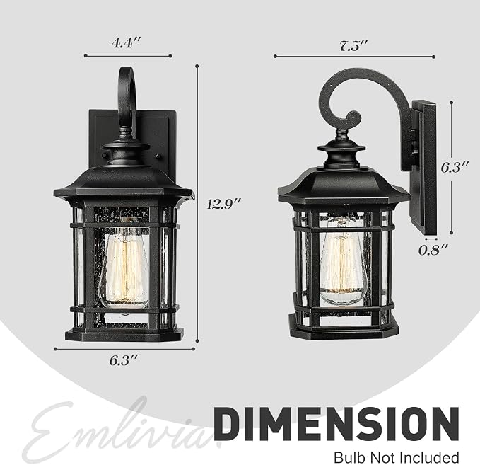 Emliviar Outdoor Wall Lanterns 2 Pack, 1-Light Exterior Wall Mount Light, Black Finish with Clear Seedy Glass, 2084B-2BK