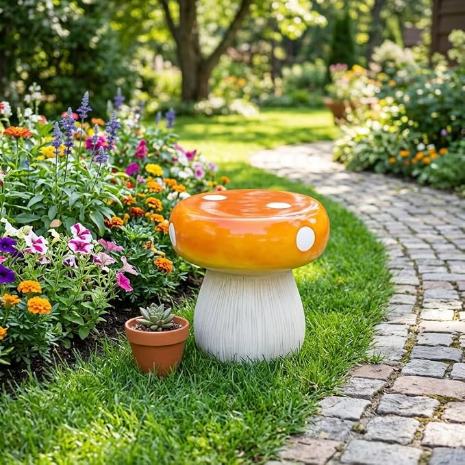 13.8" Mushroom Resin Stool, Novelty Fruit Side Table & Plant Stand, Whimsical Indoor Outdoor Garden Patio Decor, No Assembly Required (Orange Mushroom)