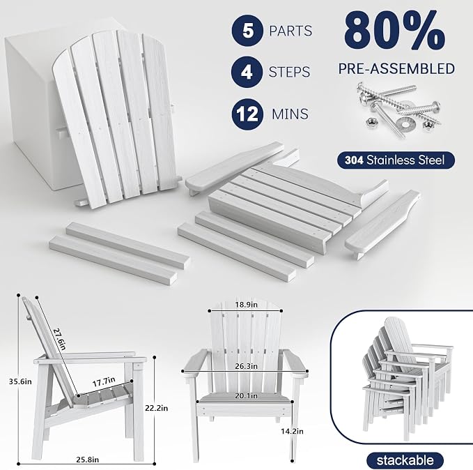 nevilywood Compact Stackable Adirondack Chairs Set of 4,HDPE,380lbs,White | 26.3" Wide HDPE.All-Weather Outdoor.Maintenance-Free.Stackable for Storage.25°Curved Straight Backrest.Quick Assembly