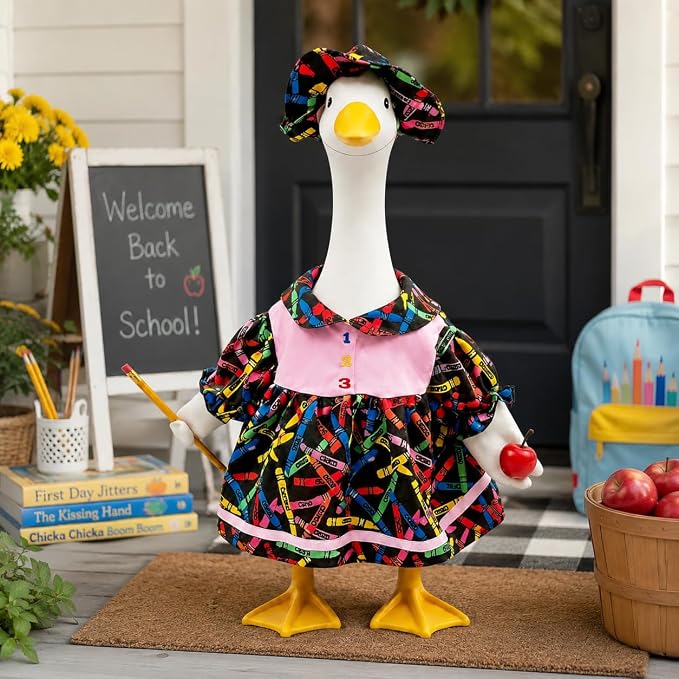 Back to School Porch Goose Outfits For 23" Cement Plastic Geese Statue | First Day of Goose Clothes for School Classroom Cement Goose Outdoor Garden Yard Decor