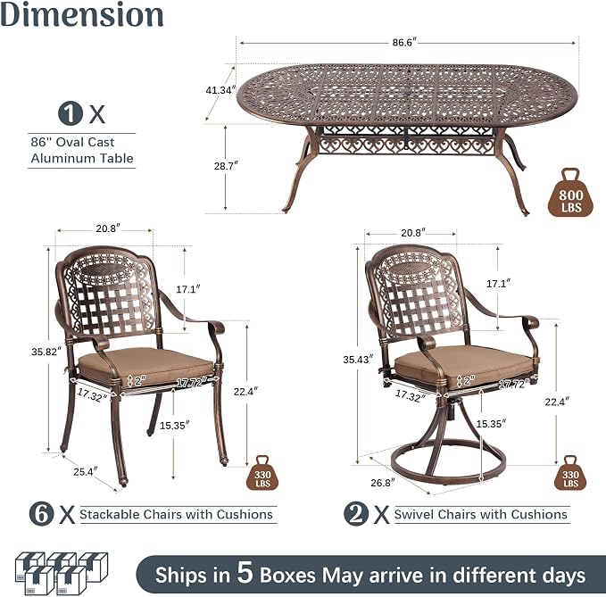 Redlife 9-Piece Cast Aluminum Outdoor Dining Set, 86" Oval Patio Table with Umbrella Hole, 2 Swivel Rocker Chairs & 6 Stackable Chairs with Cushions, Lattice Backrest, All-Weather Waterproof