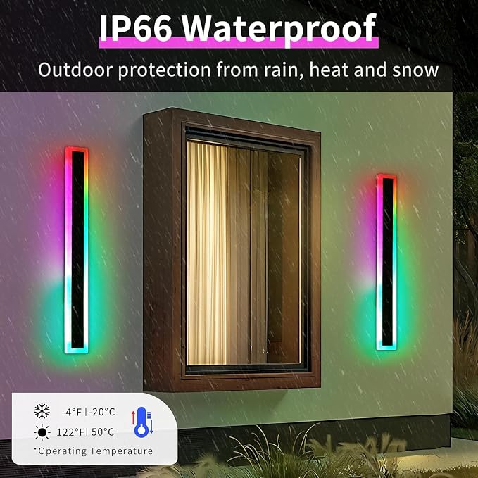 31.4inch Outdoor RGB Long Wall Light, 10 Colour Variations Dimmable Modern LED Wall Sconce, IP65 Waterproof 3000K-6000K Simple Acrylic Exterior Lighting Fixture for Garage, Front Door, Porch, Patio