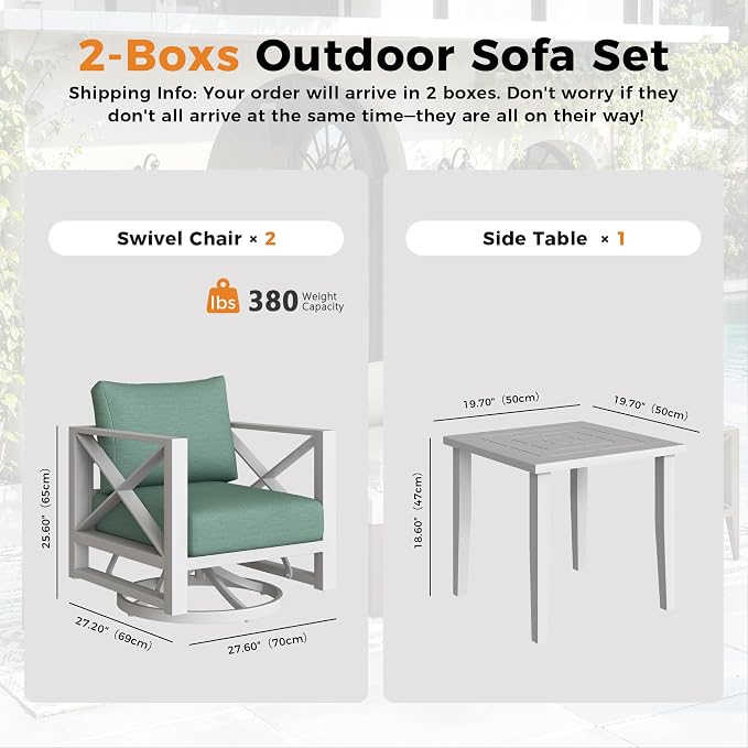 Outdoor 3-Pieces Aluminum Patio Furniture Set, Swivel Rocking Chairs with 5.2" Thick Cushions & Coffee Table, All-Weather Rust-Resistant Frame Conversation Set for Porch, Garden, Backyard, White