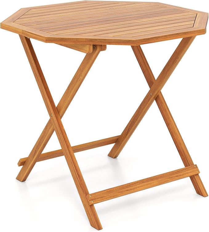 Tangkula 37.5” Folding Patio Table for 4, Acacia Wood Octagonal Outdoor Dining Table with Slatted Tabletop, Indoor Outdoor Portable Bistro Table for Poolside, Garden, Porch & Deck