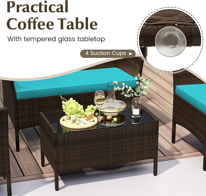 Tangkula 4 Piece Patio Rattan Conversation Set, Outdoor Wicker Furniture Set with Chair, Loveseat & Tempered Glass Table, Cozy Seat Cushions, Outside Sectional Sofa Set for Backyard (1,Turquoise)