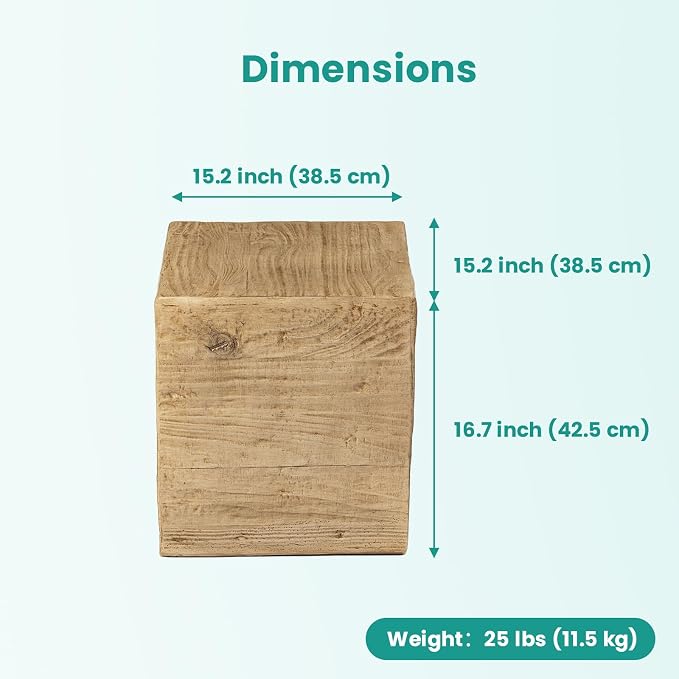 SUNBURY Outdoor Side Table, Faux Wooden Concrete Side Table, Square Lightweight End Table, Patio Accent Stump Stool Decorative for Planter Stand, Deck or Garden, Light Oak