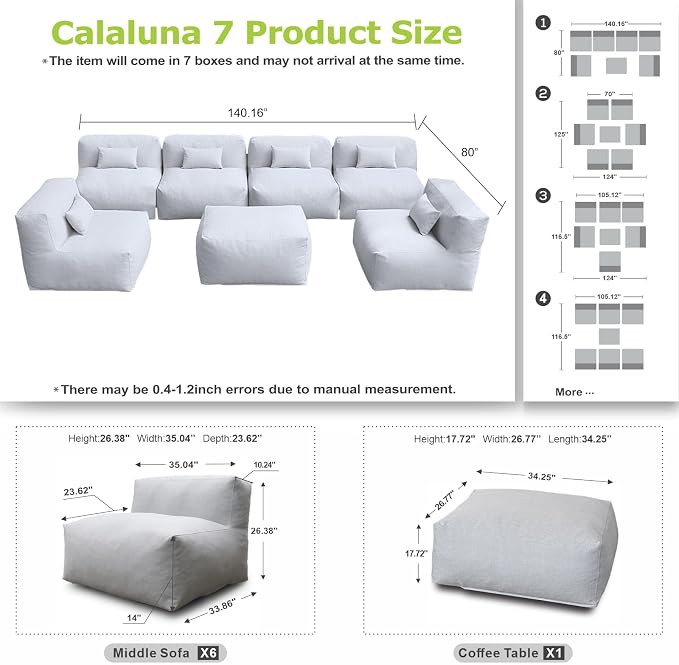 ANNYH CALALUNA 7Pc Patio Garden Furniture Sectional Conversation Set. Combines 6 Middle Chairs, 1 Ottoman/Coffee Table Outdoor Exp Foam Filled Chairs A Unique Modular Contemporary Sofa (Cloud Gray)