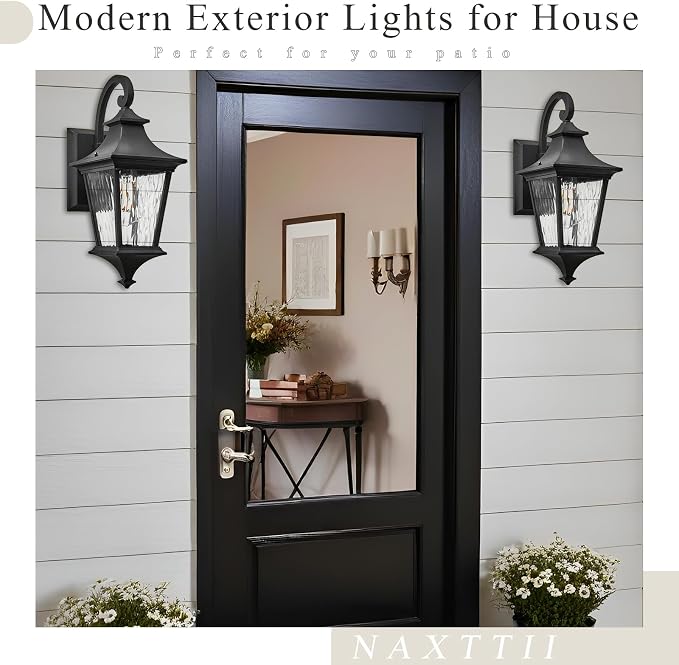 Outdoor Wall Lights 21 Inch Large Size Exterior Porch Lights Wall Mount with Water Ripple Glass Black Outdoor Porch Light for Houses E26 Socket Downward Installation