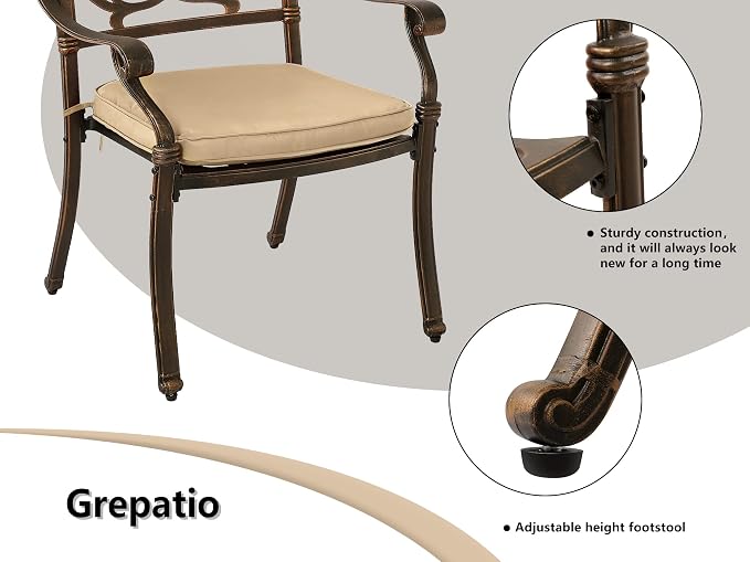 Grepatio 5 Piece Cast Aluminum Patio Dining Set Outdoor Furniture Set Patio Garden Set with 4 Ding Chairs, 4 Cushions and 35.4" Square Patio Table 2.4" Umbrella Hole, Antique Bronze (Khaki)