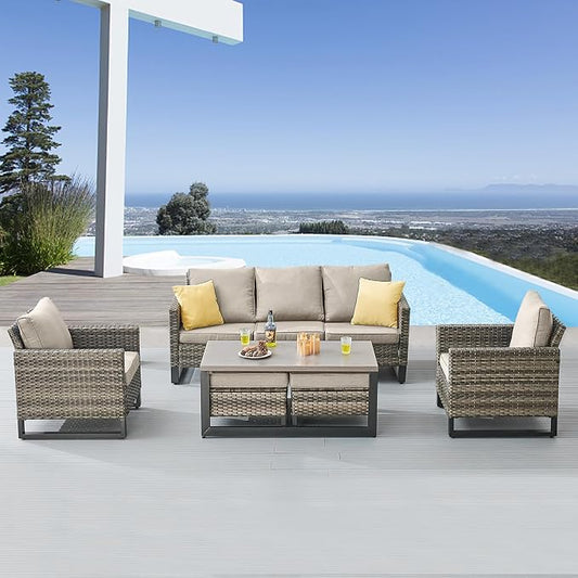 Belord 6 Piece Outdoor Furniture Patio Wicker Sofa Set, Oversize Outdoor Dining Chairs with Rattan Ottomans, Conversation Sets Patio Furniture Come with Removable Washable