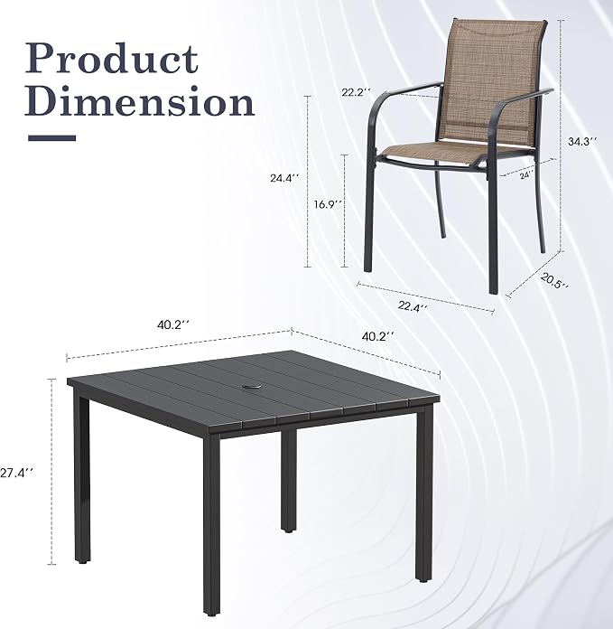 Patio Table and Chairs Set for 4, Outdoor Dining Set with 4 Stackable Dining Chairs and 40.2" x 40.2" Patio Square Dining Table for Backyard, Deck, Lawn, Garden, Brown & Black