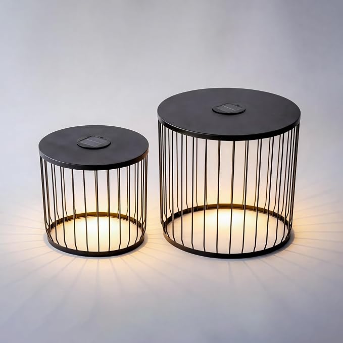 Solar Outdoor Side Table with Light Set of 2, Modern Round Patio Side Tables for Outside, Metal Outdoor End Accent Table for Living Room, Patio, Poolside, Backyard, Garden, Black