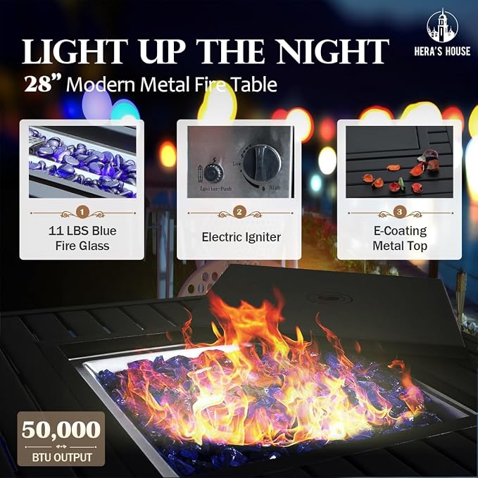 HERA'S HOUSE 5 Pieces Patio Furniture Set with Fire Pit Table, 4 x Thick Cushioned Chairs, 1 x Fire Pit Table (50,000 BTU), All Weather Outdoor Conversation Set for Garden, Backyard, Lawn, Navy Blue