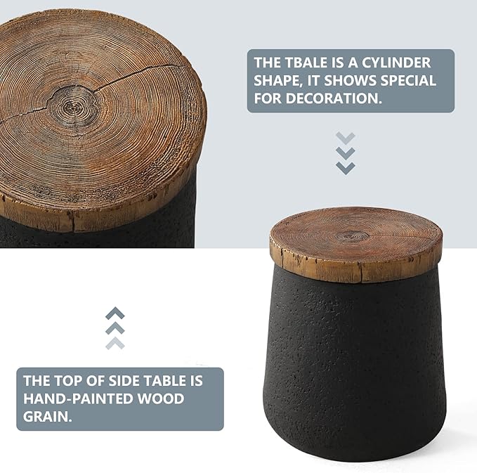 COSIEST Drum End Table Cylinder Shaped Concrete Side Table Faux-Wood Top, Black Outdoor Accent Table with Tree Trunk Slice Hand Painted, Accent Stool