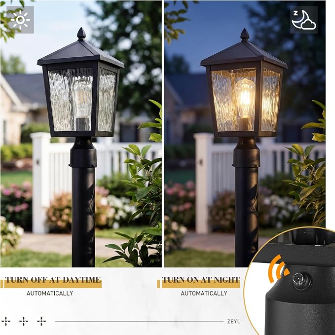 zeyu Dusk to Dawn Lamp Post Fixture with Photocell Sensor, 16 Inch Outdoor Lamp Post Light Sensor, Post Lantern Lamp with Water Ripple Glass, 20076P-PC BK-WP