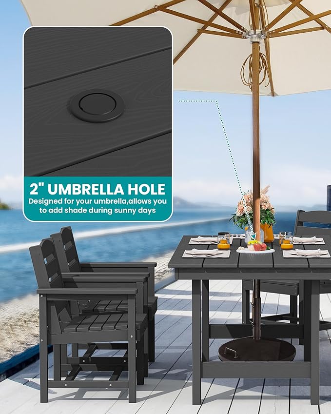 SERWALL 6 Pcs HDPE Dining Set, Includes 1 Table, 1 Bench & 4 Chairs, Black | Outdoor Dining Set with Bench, All-Weather Resistant SERWALL Dining Set for patio