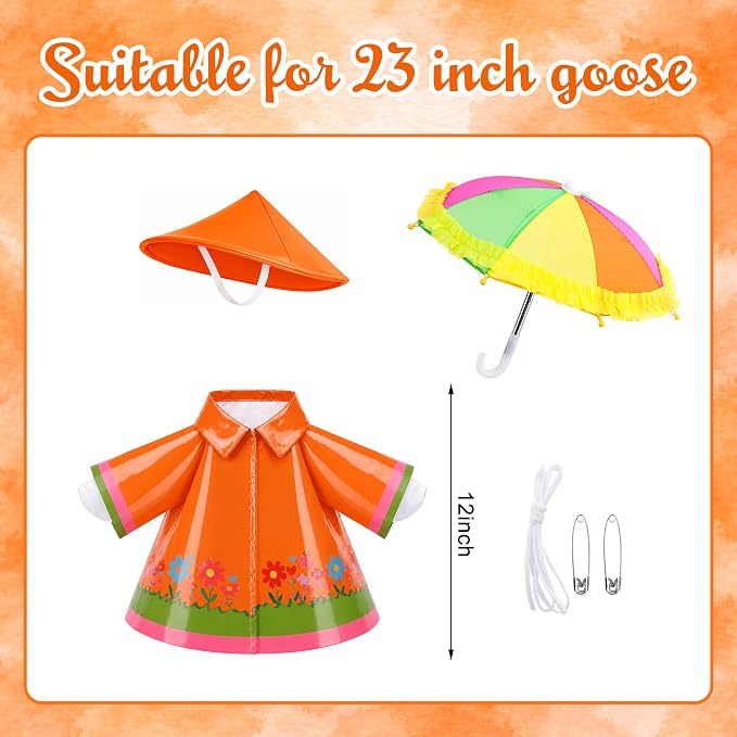 DECOHS 3 Pcs/Set Raincoat Porch Goose Outfits, Summer Lawn Goose Statue Costume with Rainbow Umbrella and Hat, Yard Geese Clothes for 23" Statue Patio Garden Decoration (Orange Flower)