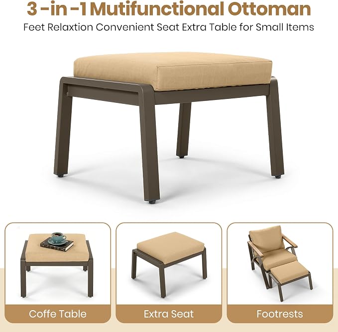 KLMM 6-Piece Outdoor Patio Furniture Set,Steel Frame Sofa Set with 3-Seat Couch, 2 Armchairs, 2 Ottomans & Acacia Wood Coffee Table,for Backyard, Garden, Poolside (Brown-BC)