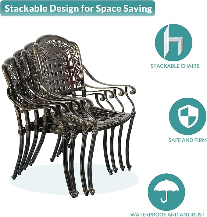 MEETWARM 7-Piece Outdoor Furniture Dining Set, All Weather Cast Aluminum Patio Garden Set with 6 Chairs, 6 Cushions, 1 Rectangular Table, 2" Umbrella Hole, Dark Bronze, Navy Blue
