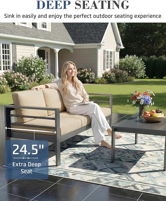 AECOJOY Aluminum Patio Furniture Set, 9 Seats Modern Outdoor Furniture with Coffee Table, 7 Pieces Metal Conversation Sectional Sofa, Beige