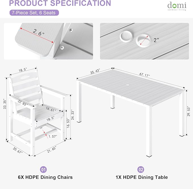 Domi HDPE Outdoor Dining Set, All-Weather 7 Piece Outdoor Dining Table Set with 2" Umbrella Hole, Outdoor Patio Dining Set for Garden, Poolside, Backyard, Deck, White