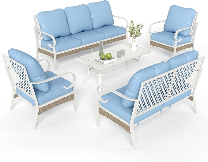 MIXPATIO 5 Piece Patio Furniture Set, 2 x Fixed Chair, 1 x 2-Seat Sofa, 1 x 3-Seat Sofa with Marbling Coffee Table, All Cushioned 7 Seats Outdoor Conversation Set for Lawn Garden Backyard, Blue