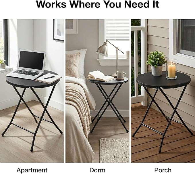 24 Inch Round Folding Bistro Table, Black Indoor/Outdoor Portable Patio Table, 29" Height, Fold-Flat Metal Legs, Small Space Accent Table for Balcony, Porch, Dorm, Apartment