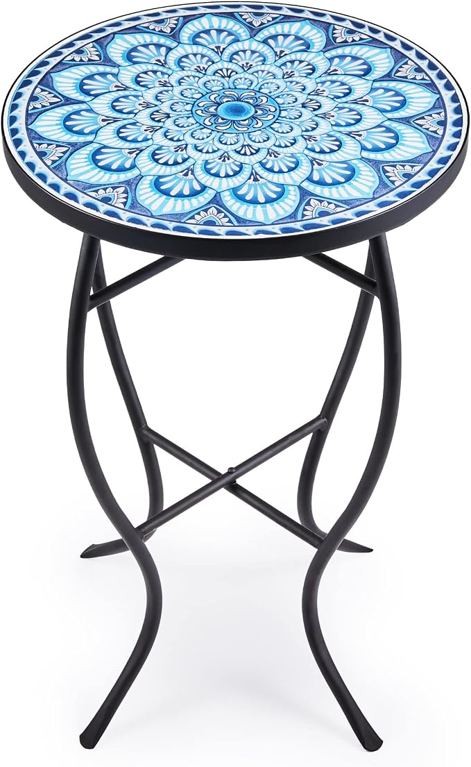 VONLUCE Mosaic Side Table and Plant Stand, 21" Round End Table with 14" Ceramic Tile Top, Indoor & Outdoor Accent Table, Porch Patio Furniture, Entryway & Coffee Table for Home & Garden, Blue Mandala